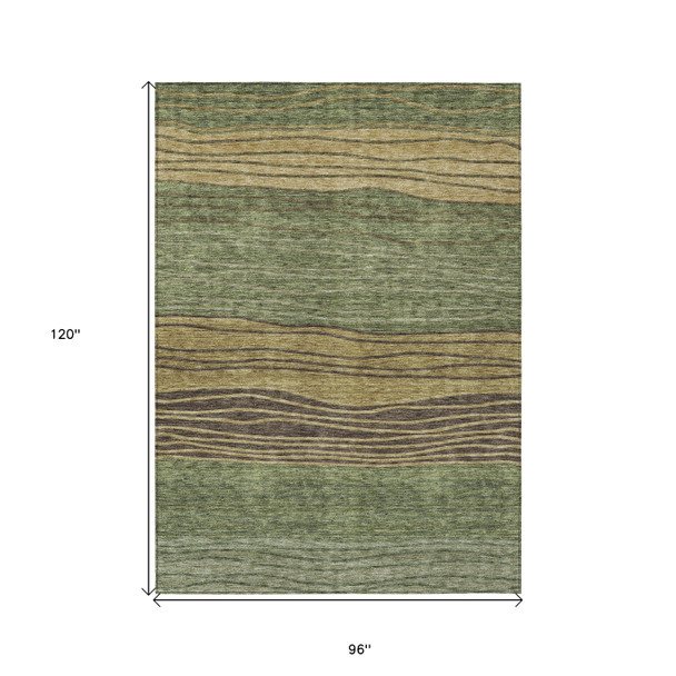 8' X 10' Olive Green And Chocolate Striped Washable Indoor Outdoor Area Rug
