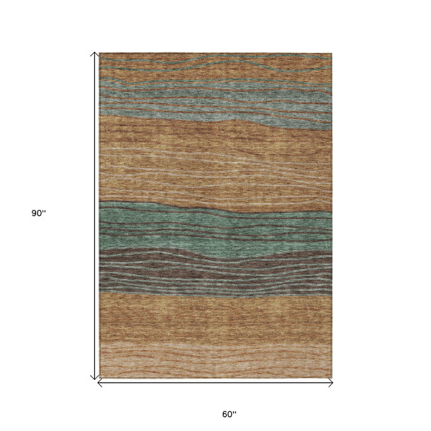 5' X 8' Terra Cotta Copper And Beige Striped Washable Indoor Outdoor Area Rug