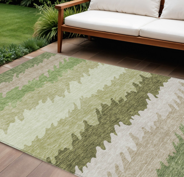 9' X 12' Beige And Olive Green Striped Washable Indoor Outdoor Area Rug
