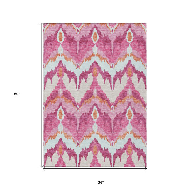 3' X 5' Pink Mauve And Orange Ikat Washable Indoor Outdoor Area Rug