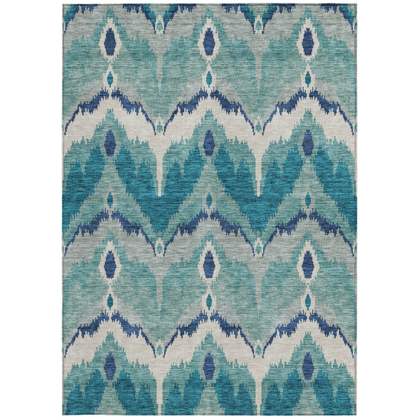 8' X 10' Teal Blue Navy Blue And Ivory Ikat Washable Indoor Outdoor Area Rug