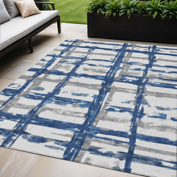 5' X 8' Navy Blue Gray And Silver Striped Washable Indoor Outdoor Area Rug