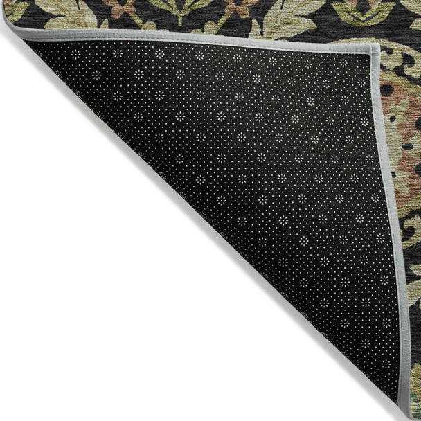 9' X 12' Black Gold And Copper Floral Washable Indoor Outdoor Area Rug