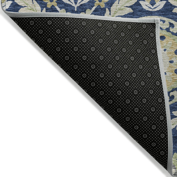 8' X 10' Navy Blue Gold And Beige Floral Washable Indoor Outdoor Area Rug