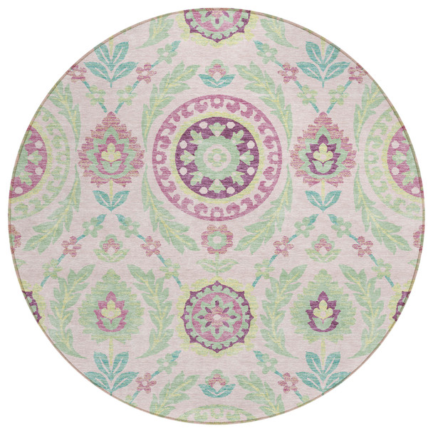 8' Pink Mauve And Mint Green Round Floral Washable Indoor Outdoor Area Rug