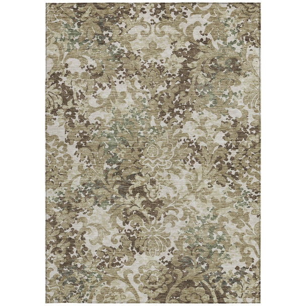 9' X 12' Beige Taupe And Brown Floral Washable Indoor Outdoor Area Rug