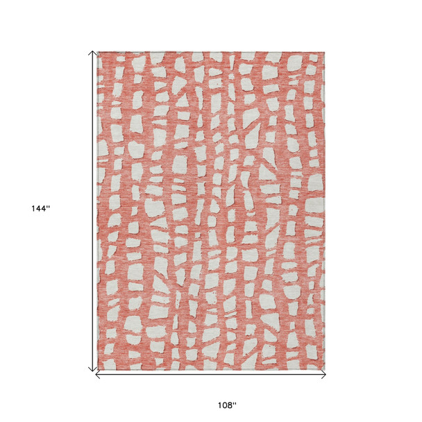 9' X 12' Salmon And Ivory Abstract Washable Indoor Outdoor Area Rug