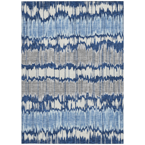 9' X 12' Navy Blue Ivory And Denim Blue Striped Washable Indoor Outdoor Area Rug
