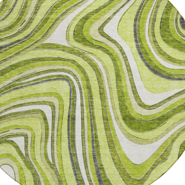 8' Lime Green And Charcoal Round Abstract Washable Indoor Outdoor Area Rug