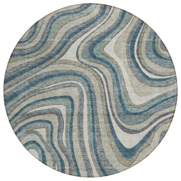 8' Teal Blue Gray And Taupe Round Abstract Washable Indoor Outdoor Area Rug
