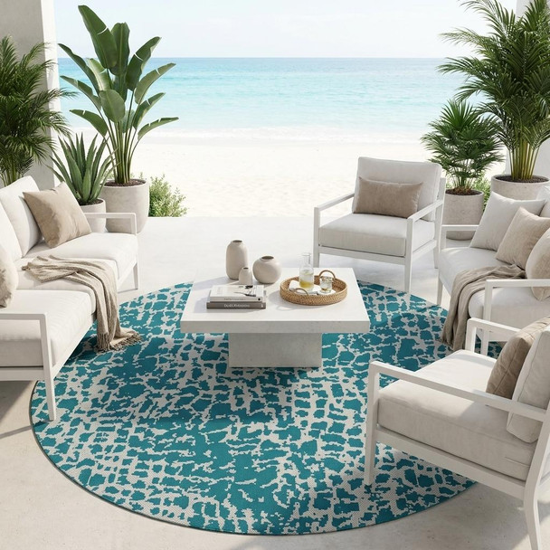 8' Teal Blue Abstract Indoor Outdoor Area Rug