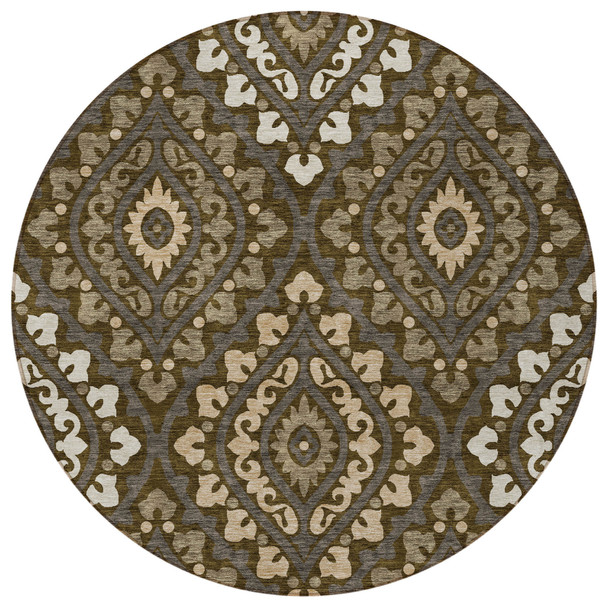 8' Brown Taupe And Gray Round Floral Washable Indoor Outdoor Area Rug
