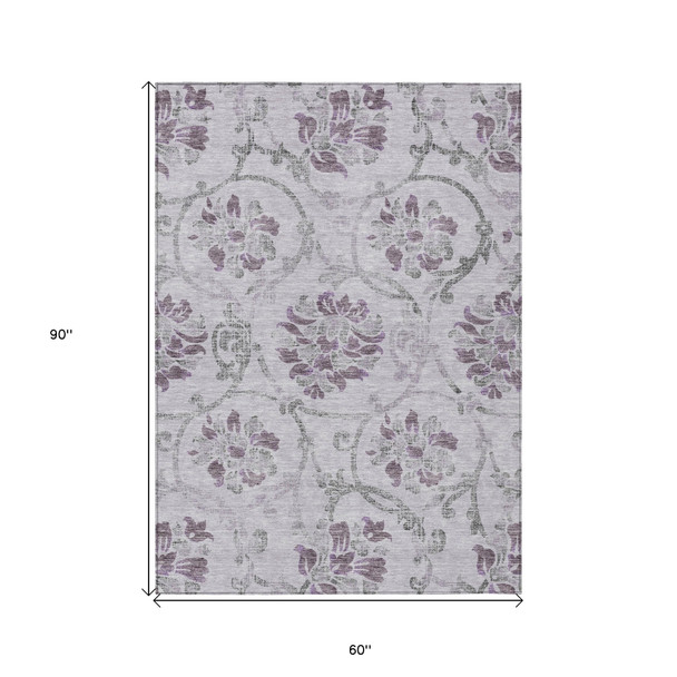 5' X 8' Lavender Purple And Gray Floral Washable Indoor Outdoor Area Rug