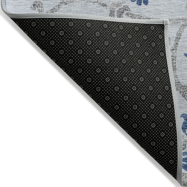 9' X 12' Sky Blue And Gray Floral Washable Indoor Outdoor Area Rug
