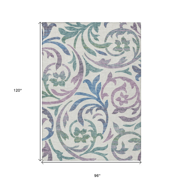 8' X 10' White Purple And Sage Floral Washable Indoor Outdoor Area Rug