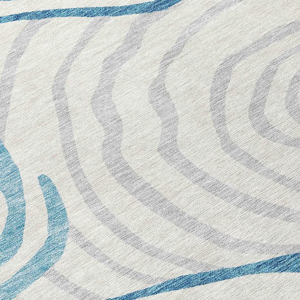 10' X 14' Teal Blue Ivory And Silver Abstract Washable Indoor Outdoor Area Rug