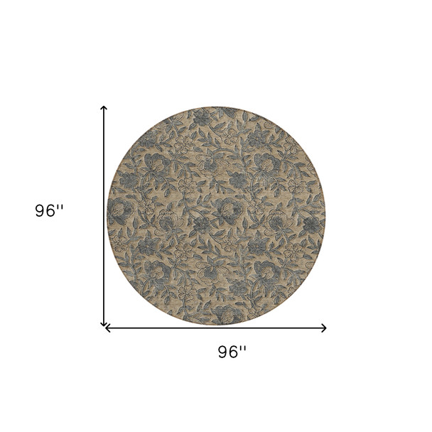 8' Khaki Beige And Gray Round Floral Washable Indoor Outdoor Area Rug