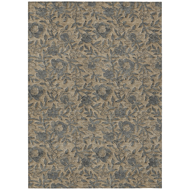 10' X 14' Khaki Beige And Gray Floral Washable Indoor Outdoor Area Rug