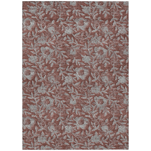 8' X 10' Orange Gray And Silver Floral Washable Indoor Outdoor Area Rug