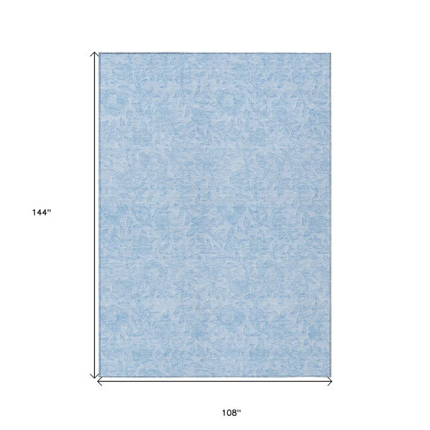 9' X 12' Sky Blue And Blue Floral Washable Indoor Outdoor Area Rug