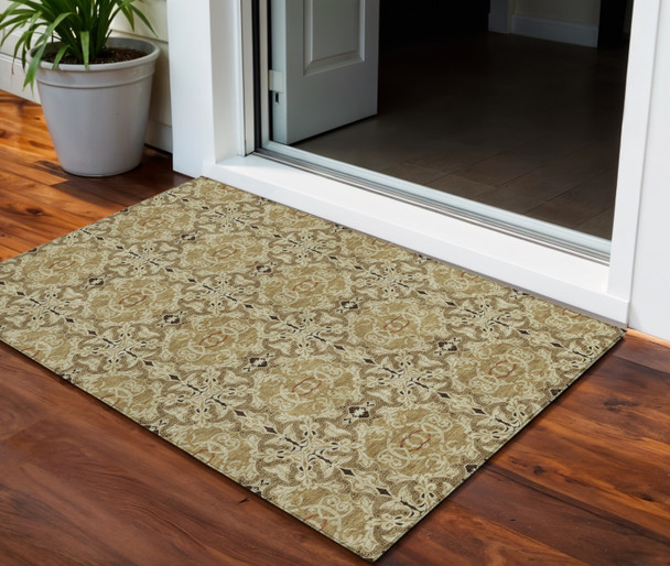 3' X 5' Brown Beige And Tan Medallion Washable Indoor Outdoor Area Rug