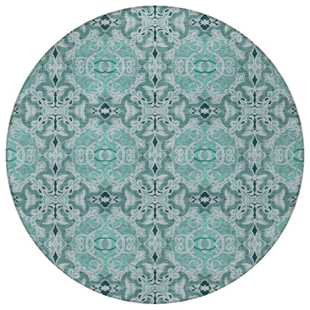 8' Teal Blue And Aqua Round Medallion Washable Indoor Outdoor Area Rug