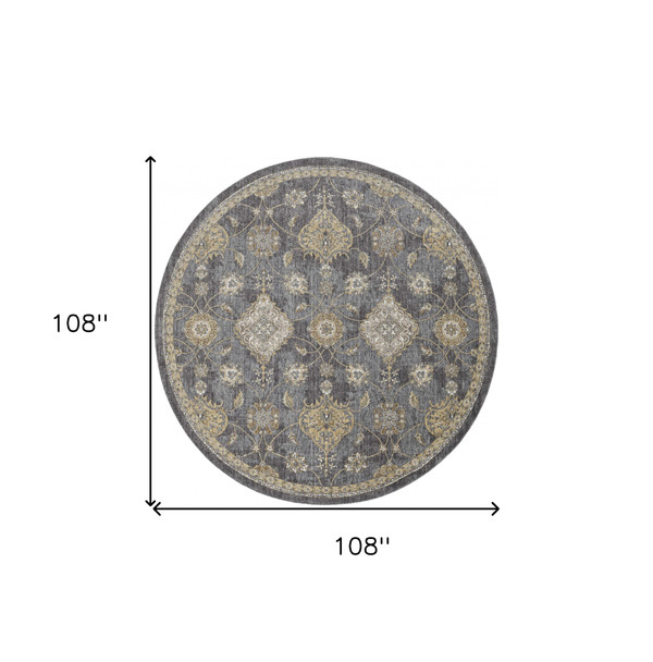 9' Sage And Slate Gray Wool Floral Medallion Distressed Round Rug