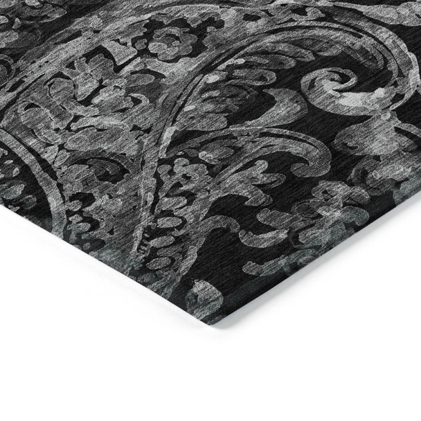 9' X 12' Black Gray And Charcoal Paisley Washable Indoor Outdoor Area Rug