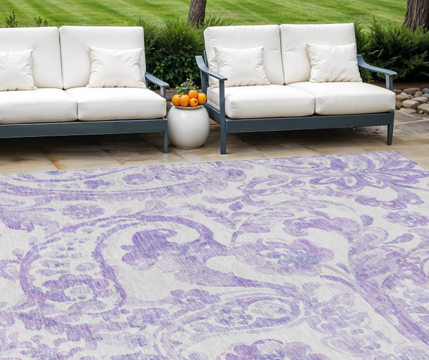 10' X 14' Lavender Ivory And Purple Paisley Washable Indoor Outdoor Area Rug