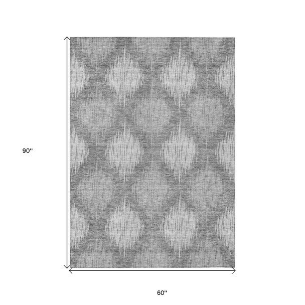 5' X 8' Gray Silver And Charcoal Ikat Washable Indoor Outdoor Area Rug