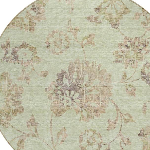 8' Artichoke Green Mint Green And Taupe Round Floral Washable Indoor Outdoor Area Rug