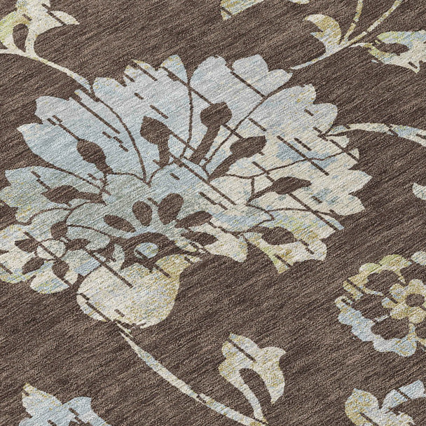 8' X 10' Chocolate Sky Blue And Artichoke Green Floral Washable Indoor Outdoor Area Rug