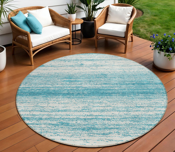8' Teal Blue And Ivory Round Striped Washable Indoor Outdoor Area Rug