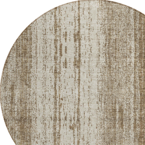 8' Brown And Ivory Round Striped Washable Indoor Outdoor Area Rug