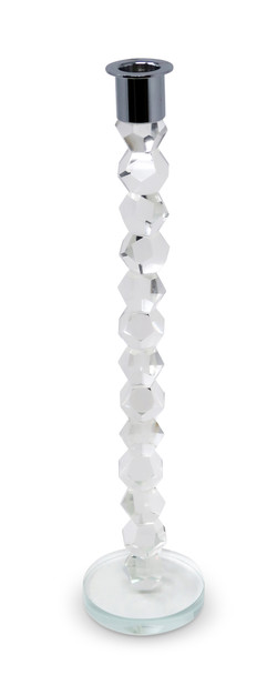 14" Clear And Silver Geo Stacks Crystal Tabletop Taper Candlestick