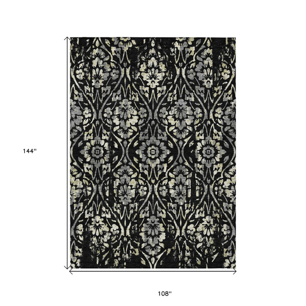 9' X 12' Black Gray And Ivory Floral Washable Indoor Outdoor Area Rug