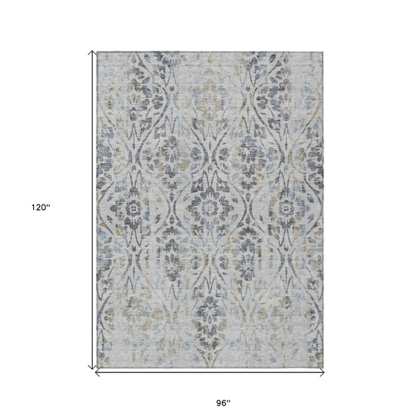 8' X 10' Gray Black And Green Floral Washable Indoor Outdoor Area Rug