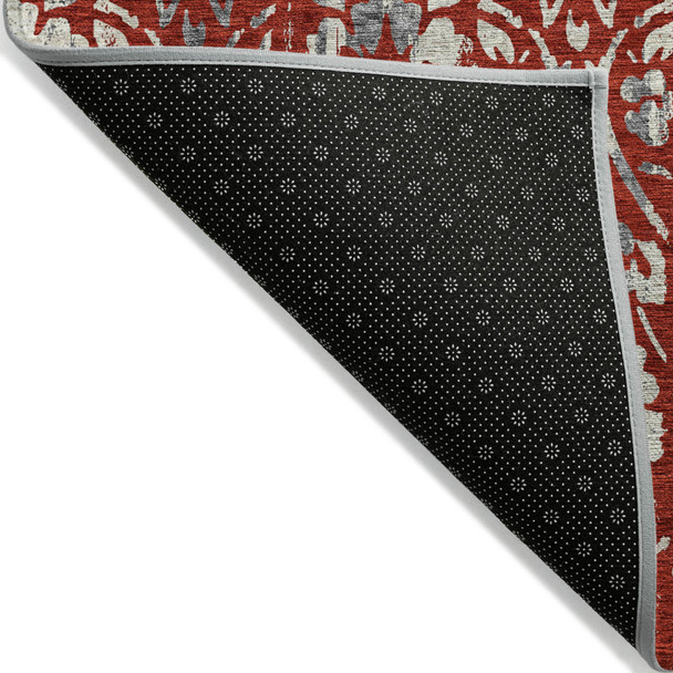 8' X 10' Red Ivory And Dark Gray Floral Washable Indoor Outdoor Area Rug