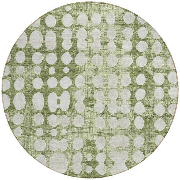 8' Artichoke Green And Ivory Round Abstract Washable Indoor Outdoor Area Rug