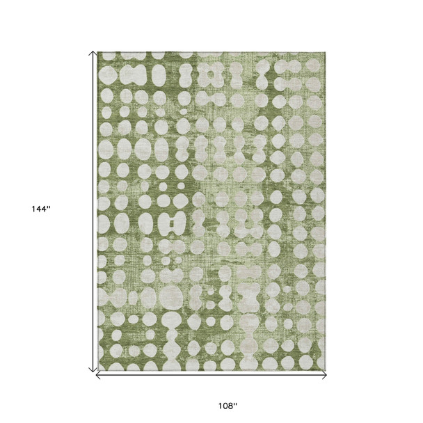 9' X 12' Artichoke Green And Ivory Abstract Washable Indoor Outdoor Area Rug