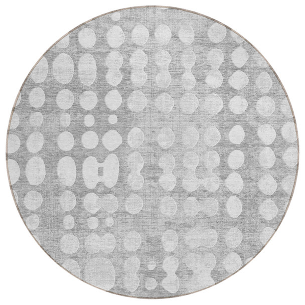 8' Gray And Ivory Round Abstract Washable Indoor Outdoor Area Rug