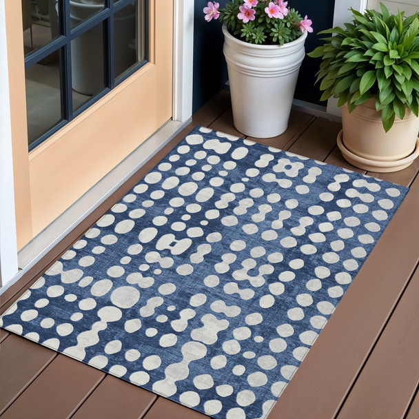 3' X 5' Navy Blue And Ivory Abstract Washable Indoor Outdoor Area Rug