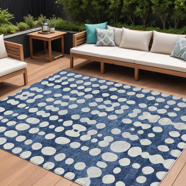 8' X 10' Navy Blue And Ivory Abstract Washable Indoor Outdoor Area Rug