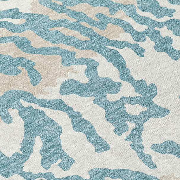 8' Teal Blue Beige And Ivory Round Animal Print Washable Indoor Outdoor Area Rug