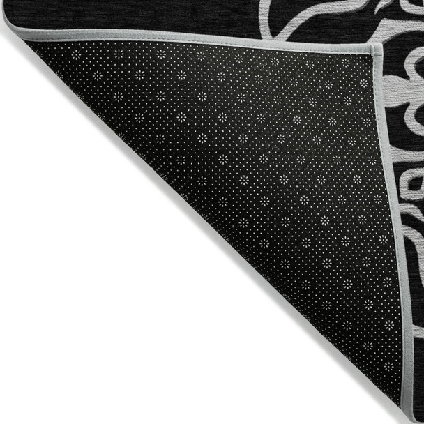 5' X 8' Black Gray And Ivory Floral Medallion Washable Indoor Outdoor Area Rug