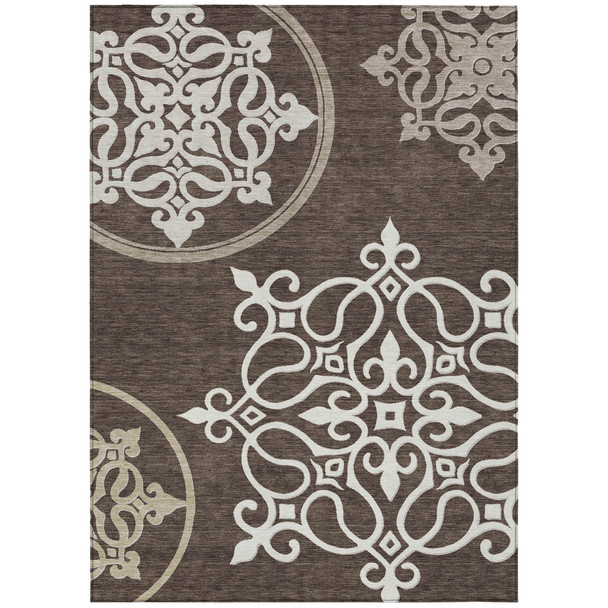 8' X 10' Chocolate Beige And Ivory Floral Medallion Washable Indoor Outdoor Area Rug