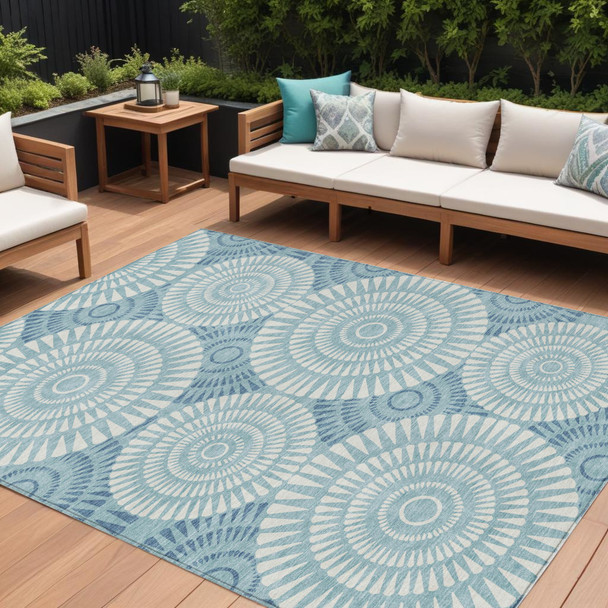 8' X 10' Teal Blue And Ivory Geometric Washable Indoor Outdoor Area Rug