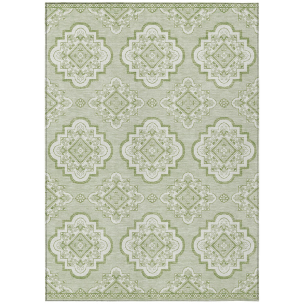 3' X 5' Artichoke Green And Ivory Medallion Washable Indoor Outdoor Area Rug
