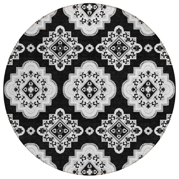 8' Black And Ivory Round Medallion Washable Indoor Outdoor Area Rug