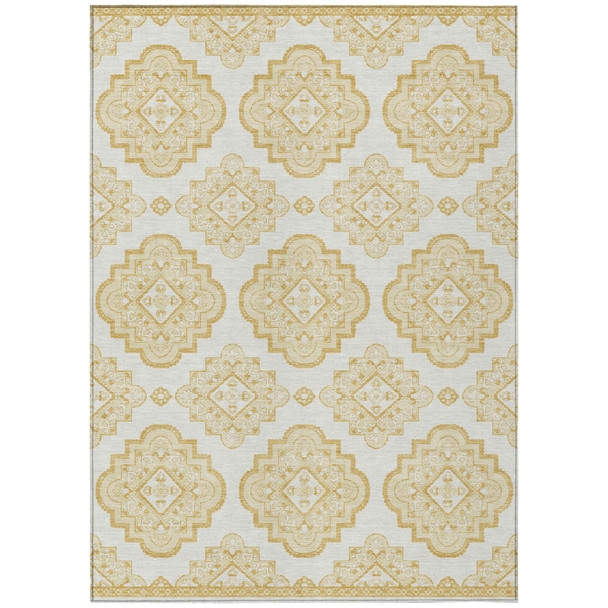 9' X 12' Gold And Ivory Medallion Washable Indoor Outdoor Area Rug